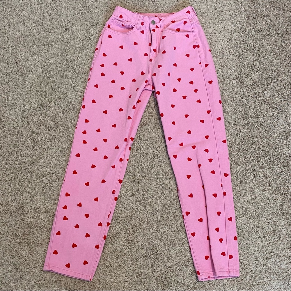 High-Waisted Pink Jeans with Red Hearts